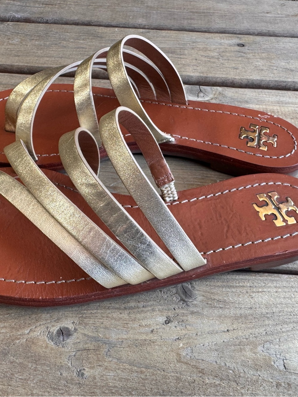 Tory Burch Metallic Gold Multi-Strap Leather Slide Sandals - Picture 4 of 7